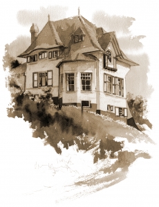 Traitement sépia carte postale d'une aquarelle d'une villa de la mer du Nord
